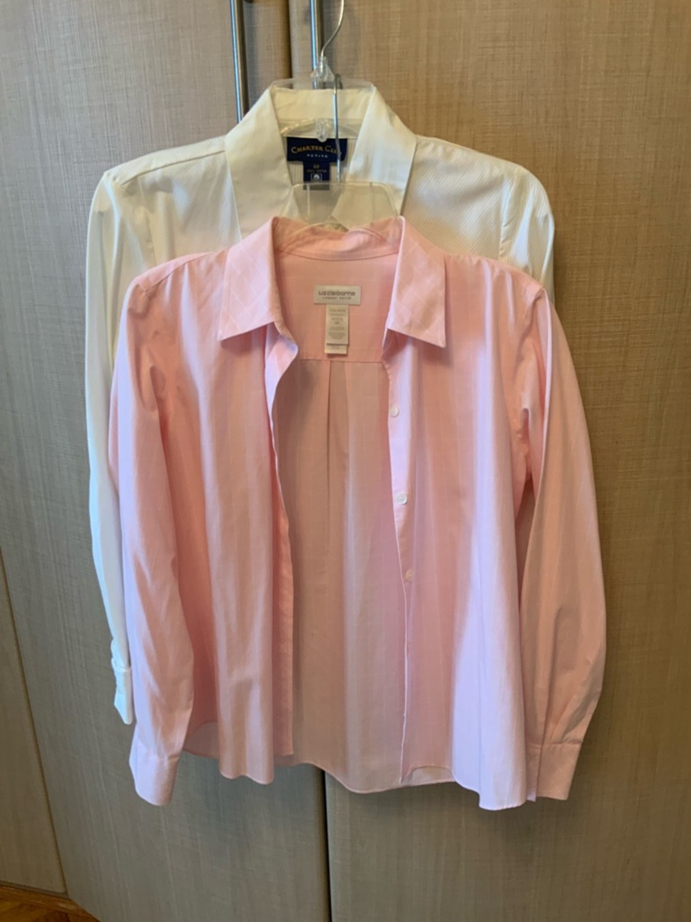 Women’s Lot of 2 Long Sleeve Button Up Wrinkle Free White & Pink Shirts,  6P